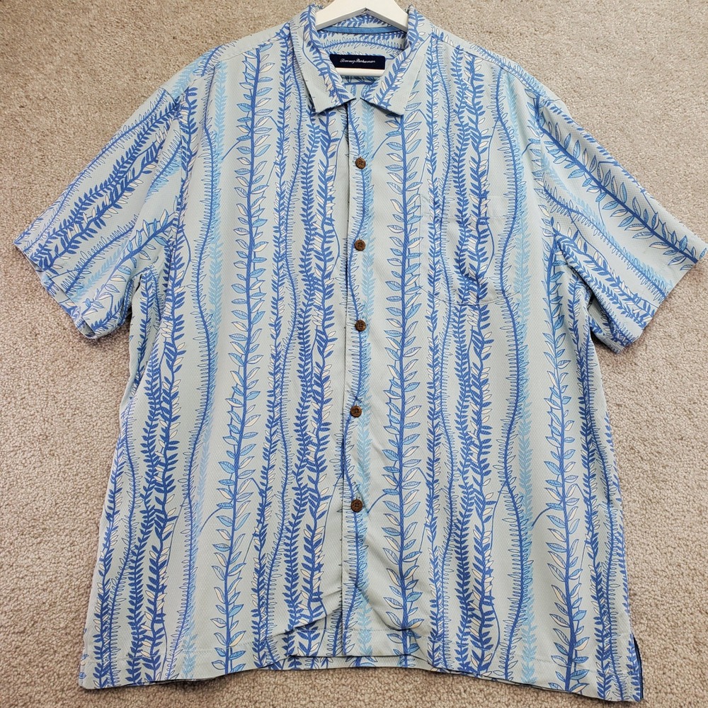 Tommy Bahama Mens XL Silk Short Sleeve Button Down Shirt Blue Leaf‎ Print Cruise